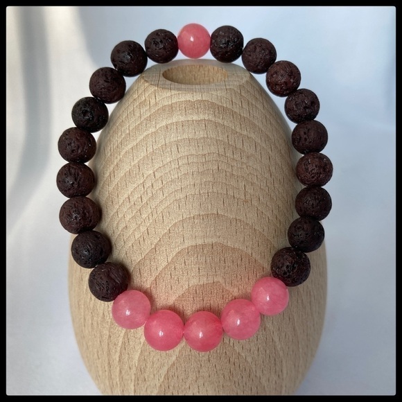PINK Jade and Brown Lava Stone Stretch Bracelet - Picture 10 of 10